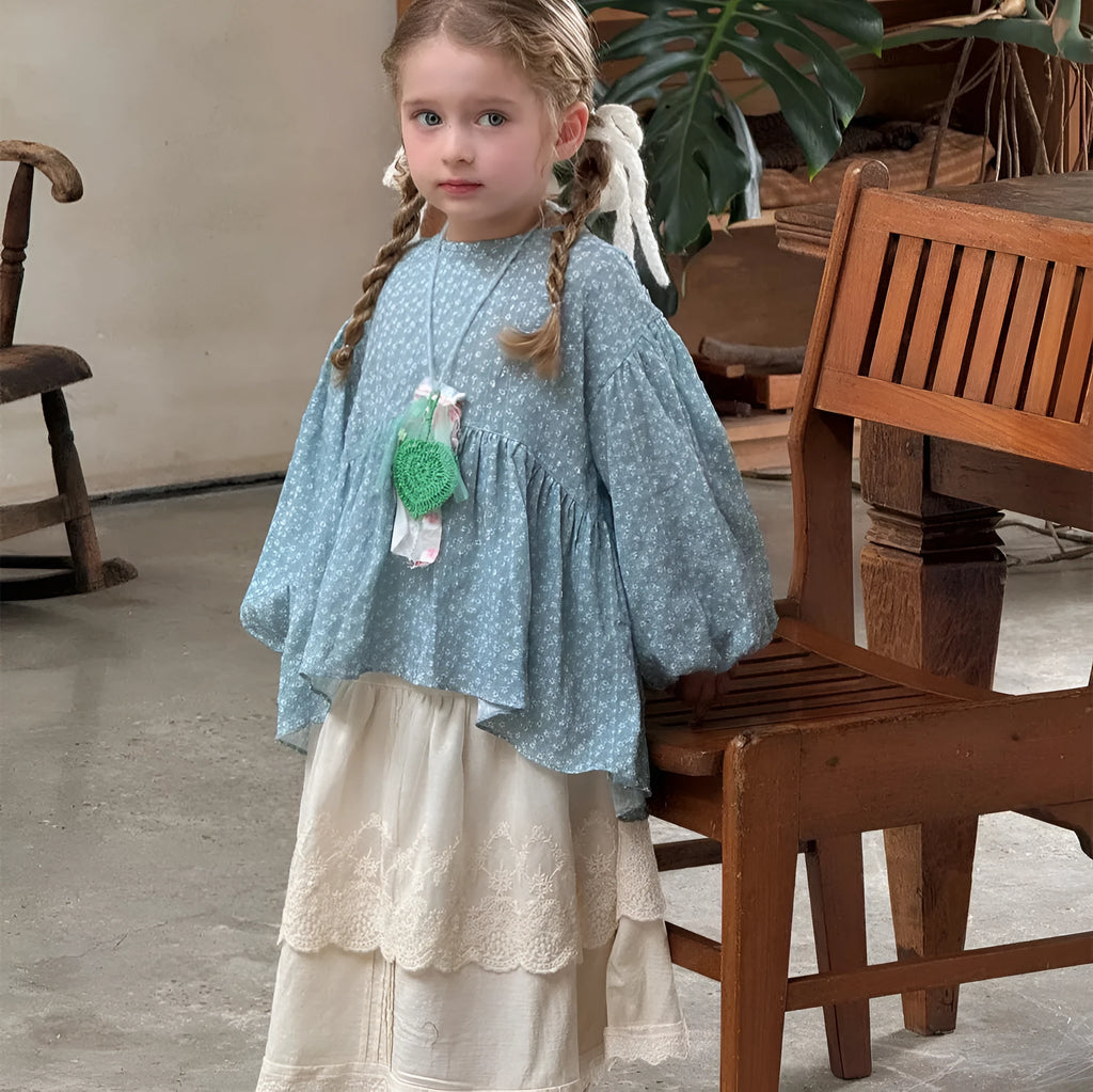 Blue cotton round neck doll shirt with floral pattern for girls long sleeves
