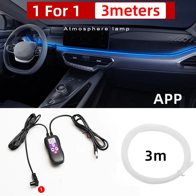 Car interior LED atmosphere lighting strip installed along dashboard with colour changing illumination
