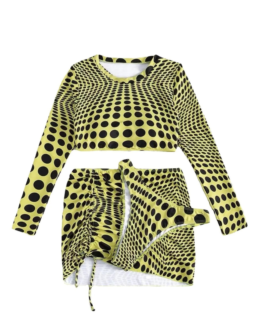Women's green polka dot swimsuit three-piece set showing top, skirt, and bra.