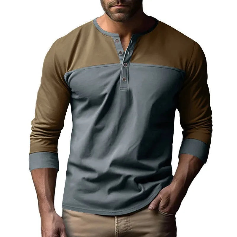 Men's retro style long sleeve henry collar shirt in polyester beaded twill fabric earth tone colours