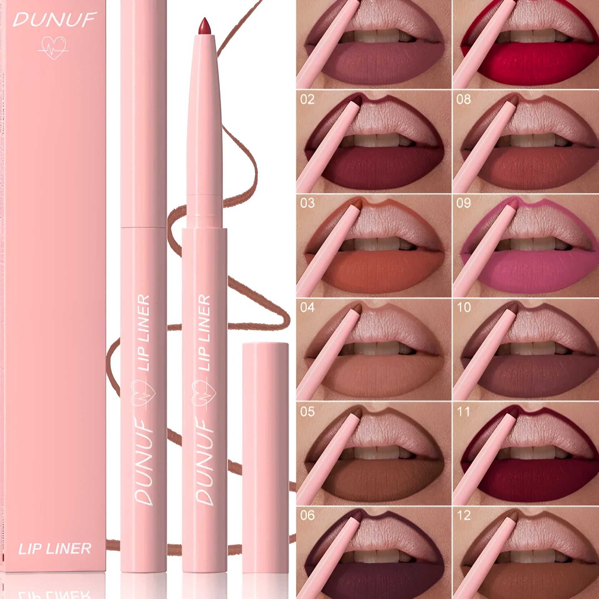 Velvet matte lip liner twist-up pencil shown in one of 12 available colours.