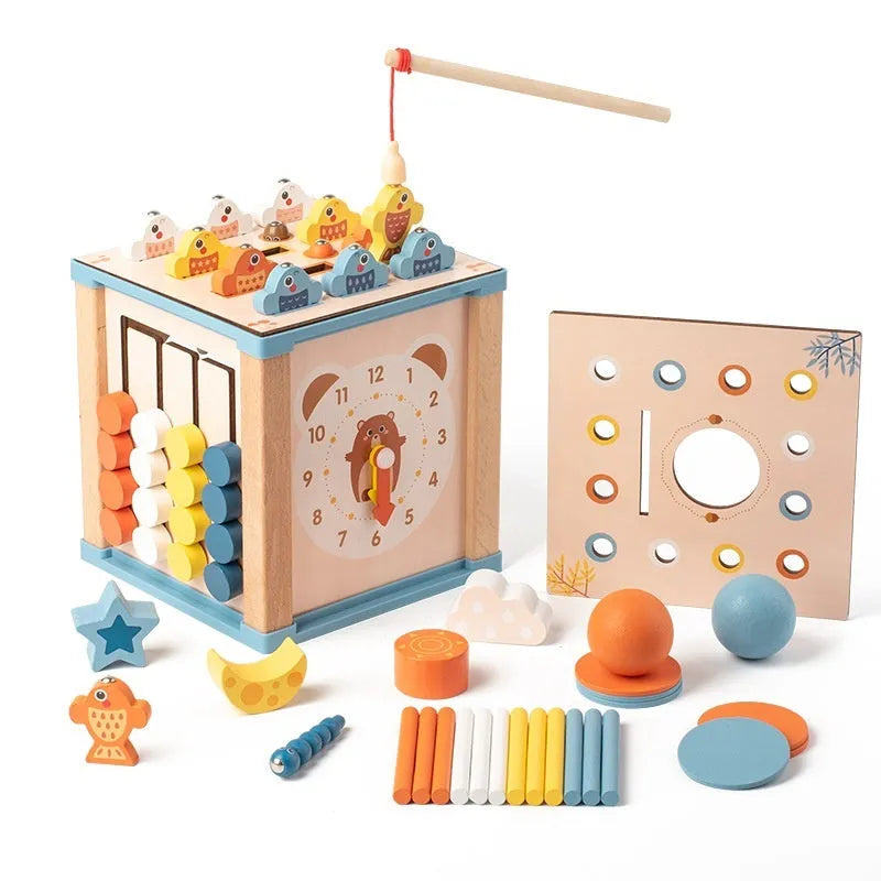 Wooden multifunctional building blocks treasure chest in Intelligence Box colour, 16.5cm cube for children aged 4-6