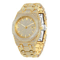 Men's hip hop quartz watch with full diamond Arabic scale, 12mm thick, gold or silver plated strap and stainless steel buckle