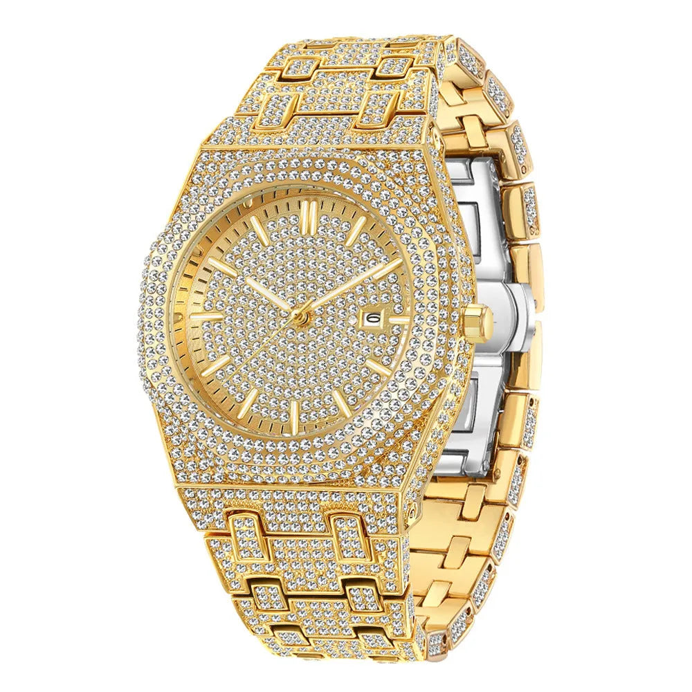 Men's hip hop quartz watch with full diamond Arabic scale, 12mm thick, gold or silver plated strap and stainless steel buckle