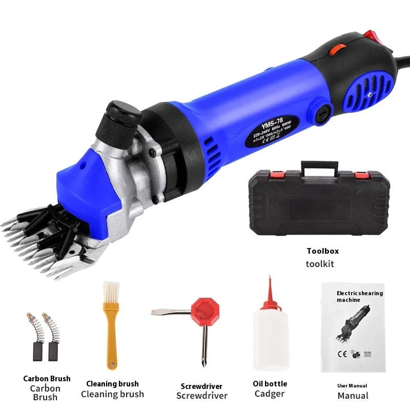 Yellow electric wool shears and accessory kit for 110V sheep shearing, including multiple blades in a plastic case.