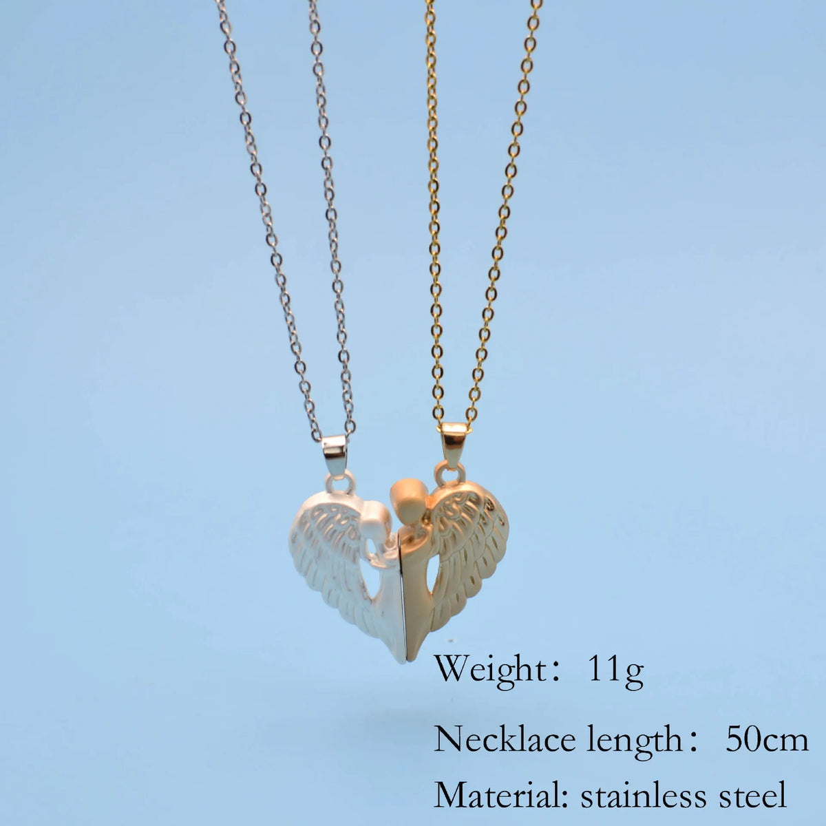 Couple magnet hug necklace set with alloy heart and wing pendant on 50cm stainless steel chain in black silver or gold silver