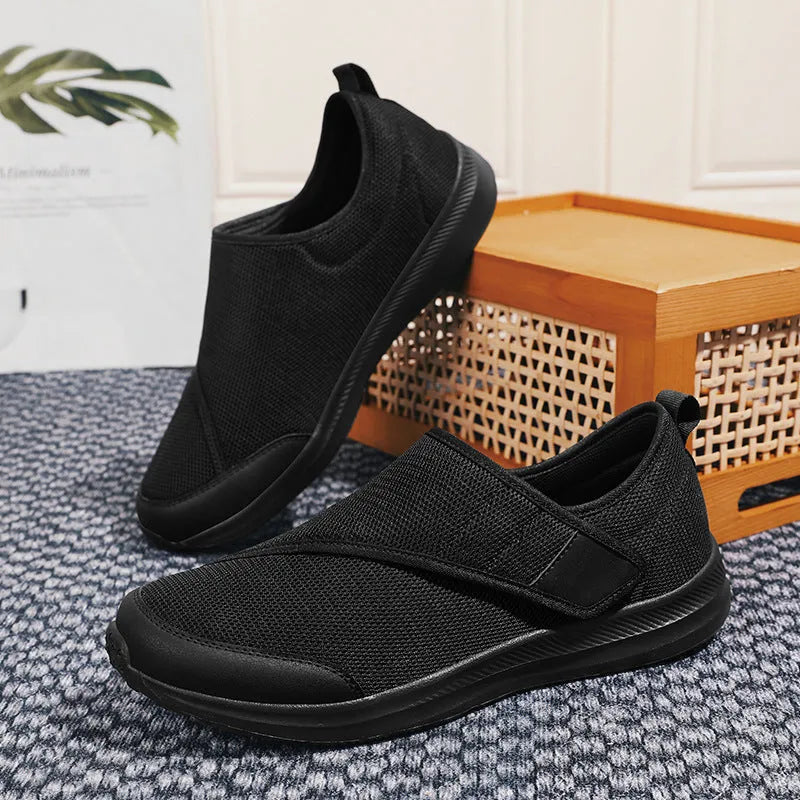 Unisex mesh walking shoes with Velcro fastening, flat heel, round toe, in black, grey, blue, or wine red, sizes 36-47