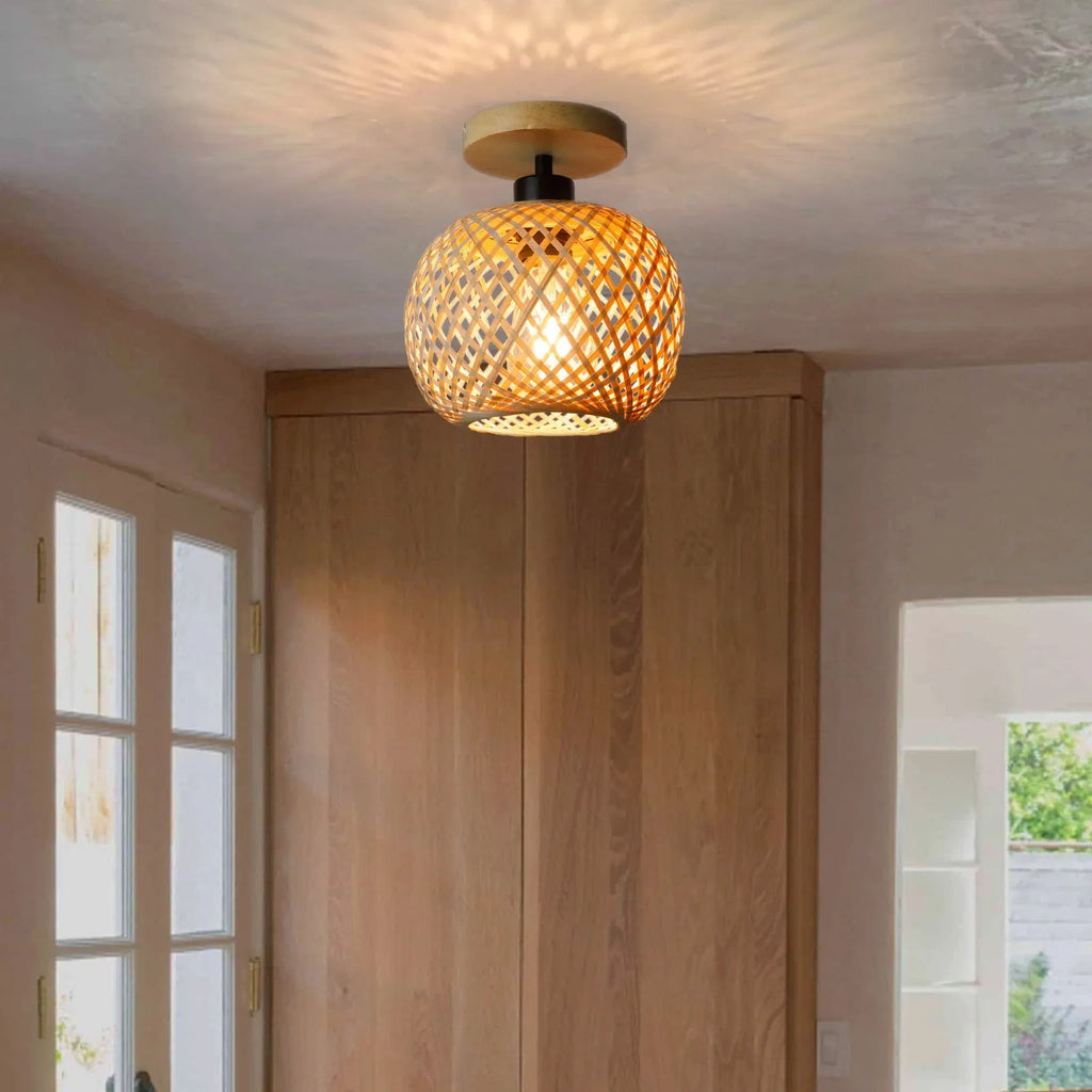 Bamboo Japanese-style pastoral ceiling lamp in wood colour for corridor installation