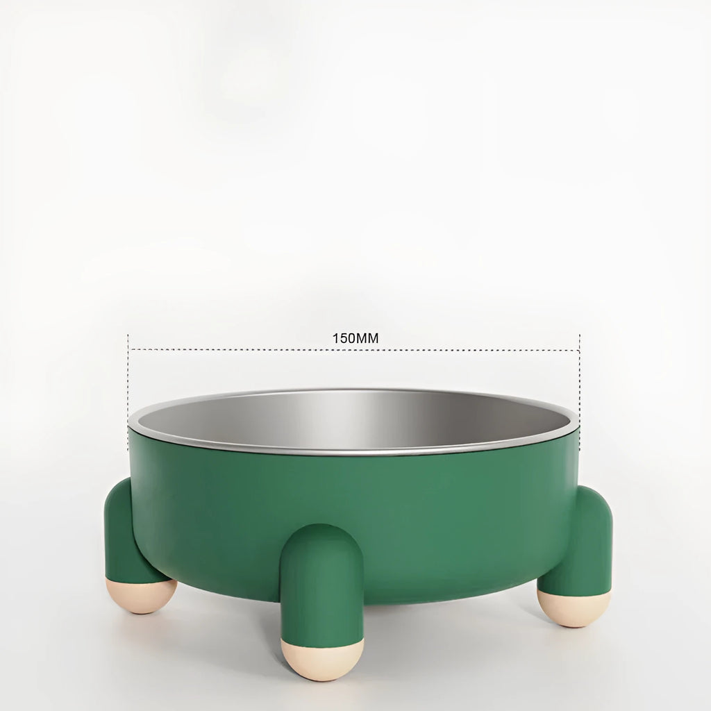 Stainless steel pet bowl with non-slip base in green, pink, and white colour options.