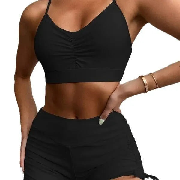 Women's purple high waist split bikini swimsuit with lining, showing top and shorts.