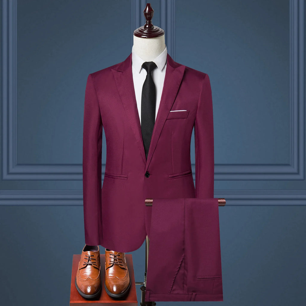 Men's solid colour two-piece leisure suit set with matching coat and trousers, polyester, sizes M to 5XL