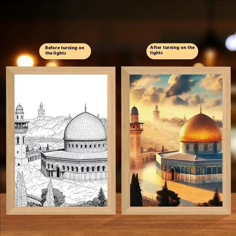 Modern rectangular LED light painting picture frame with illuminated decorative design on wall