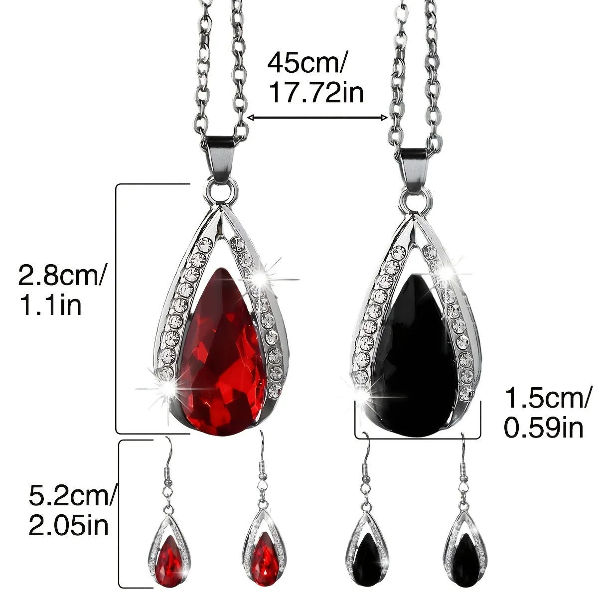 Black and red teardrop shaped glass pendant necklace and matching earrings alloy jewellery set