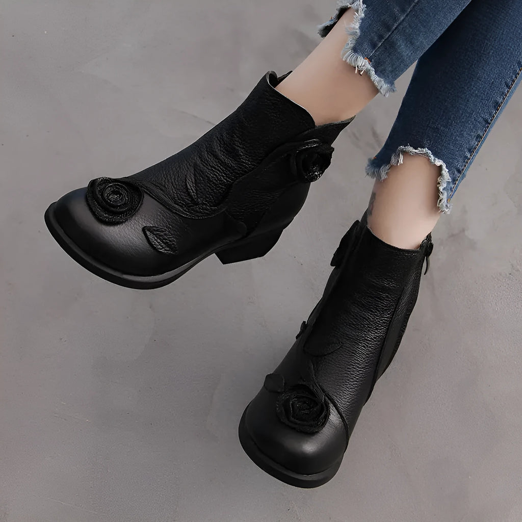 Handmade genuine leather Martin boots with chunky 3-5cm square heel, round toe and ethnic floral embossed upper, red or black.