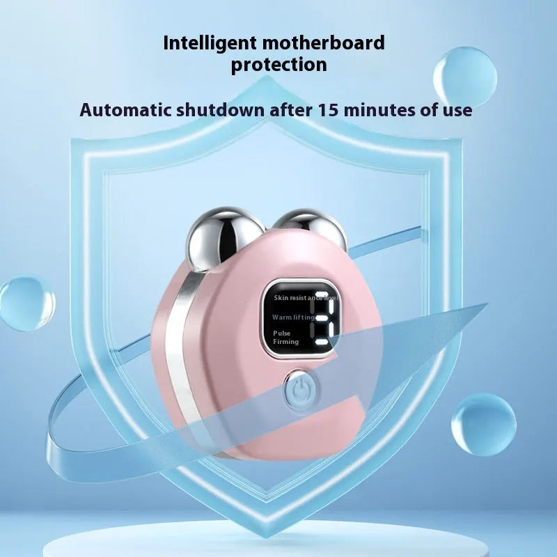 Portable white hot compress and micro current facial massage instrument with double rollers on a table.