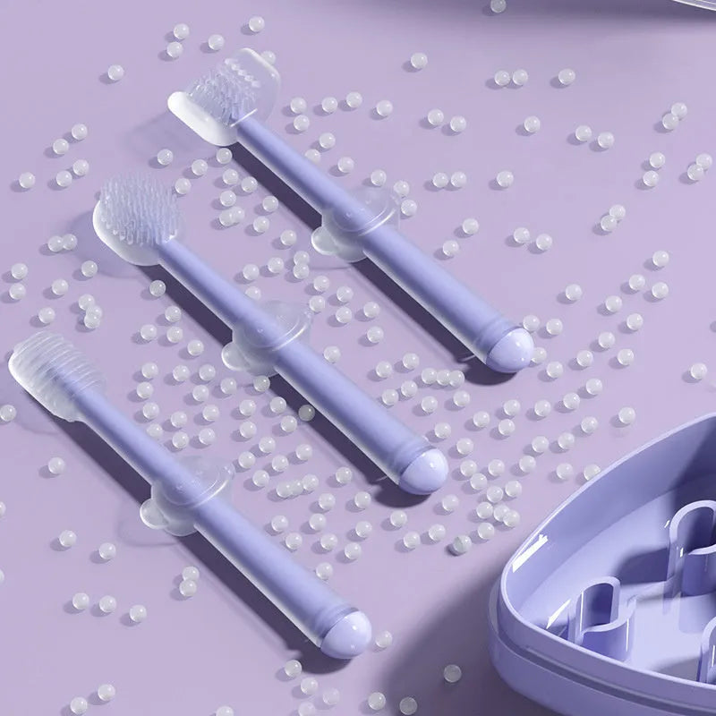 Blue and purple silicone finger toothbrushes for cleaning cat and dog teeth.