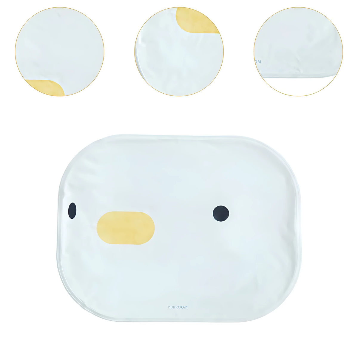Square chick-shaped blue pet cooling mat on a wooden floor.