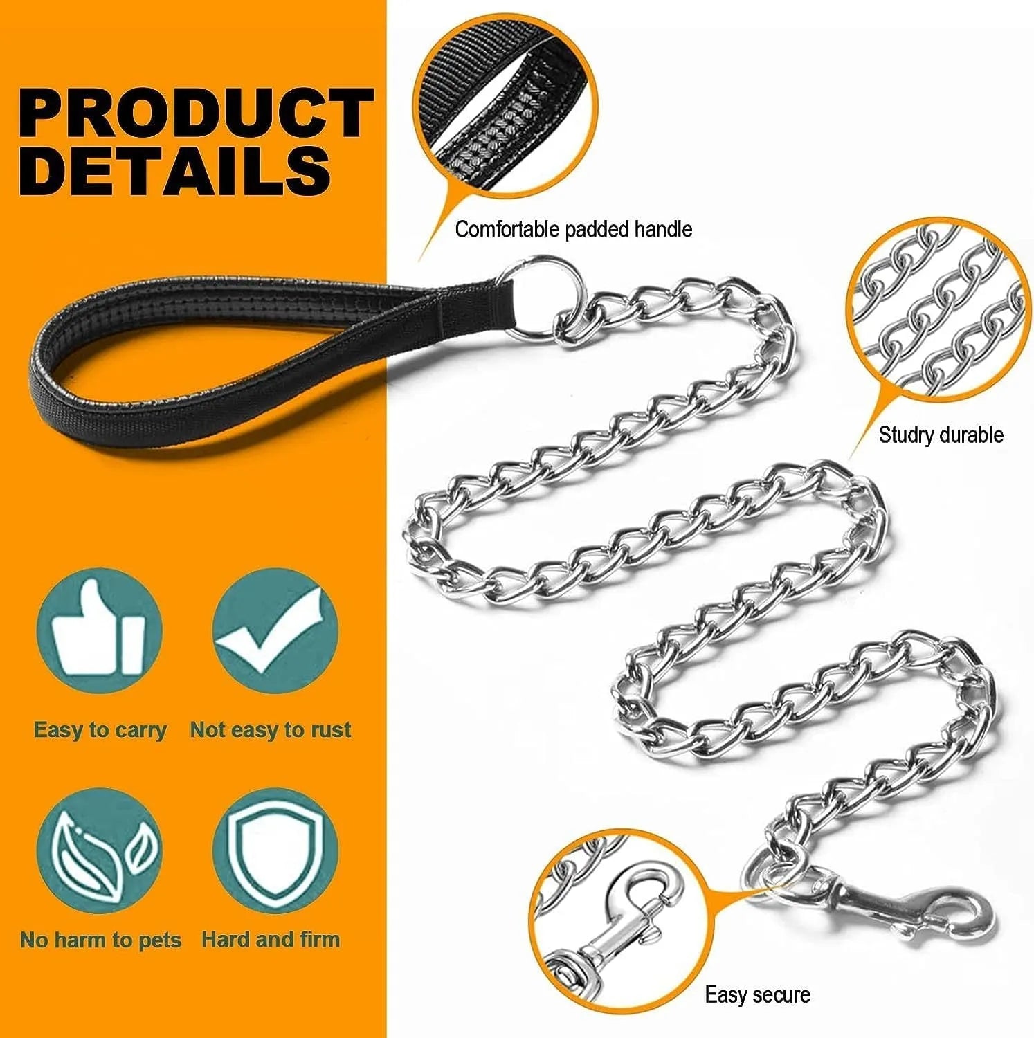 Heavy duty metal dog leash with soft padded handle in black, blue, and red options