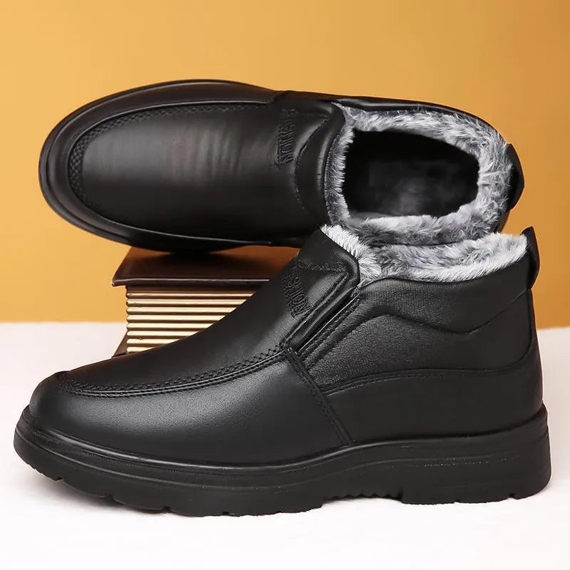 Men's black fleece-lined waterproof winter slippers with a non-slip rubber sole.