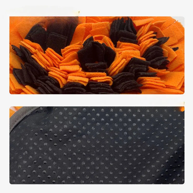 Orange pumpkin-shaped dog sniffing mat with textured fur surface for slow feeding