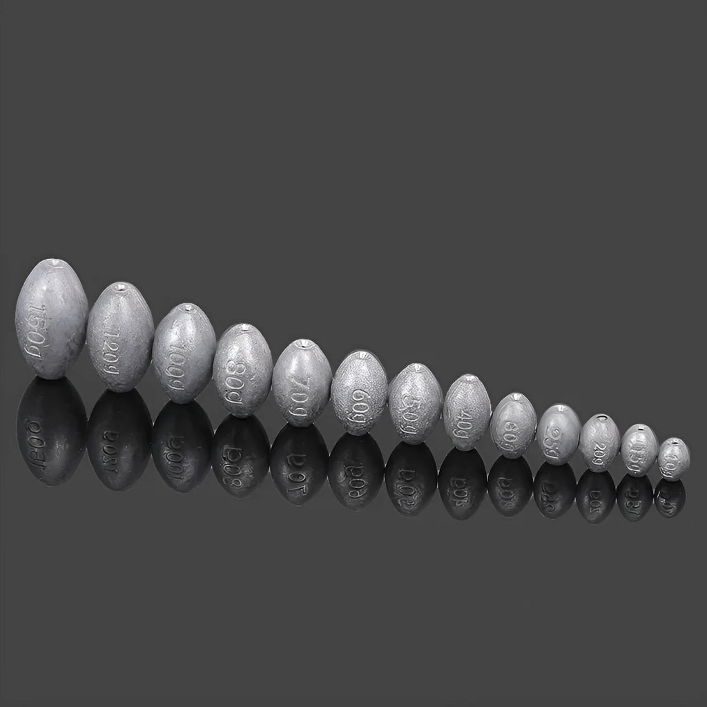 Rugby-shaped olive lead fishing sinker with textured Tongxin scale pattern, shown alongside weight options from 10g to 150g.