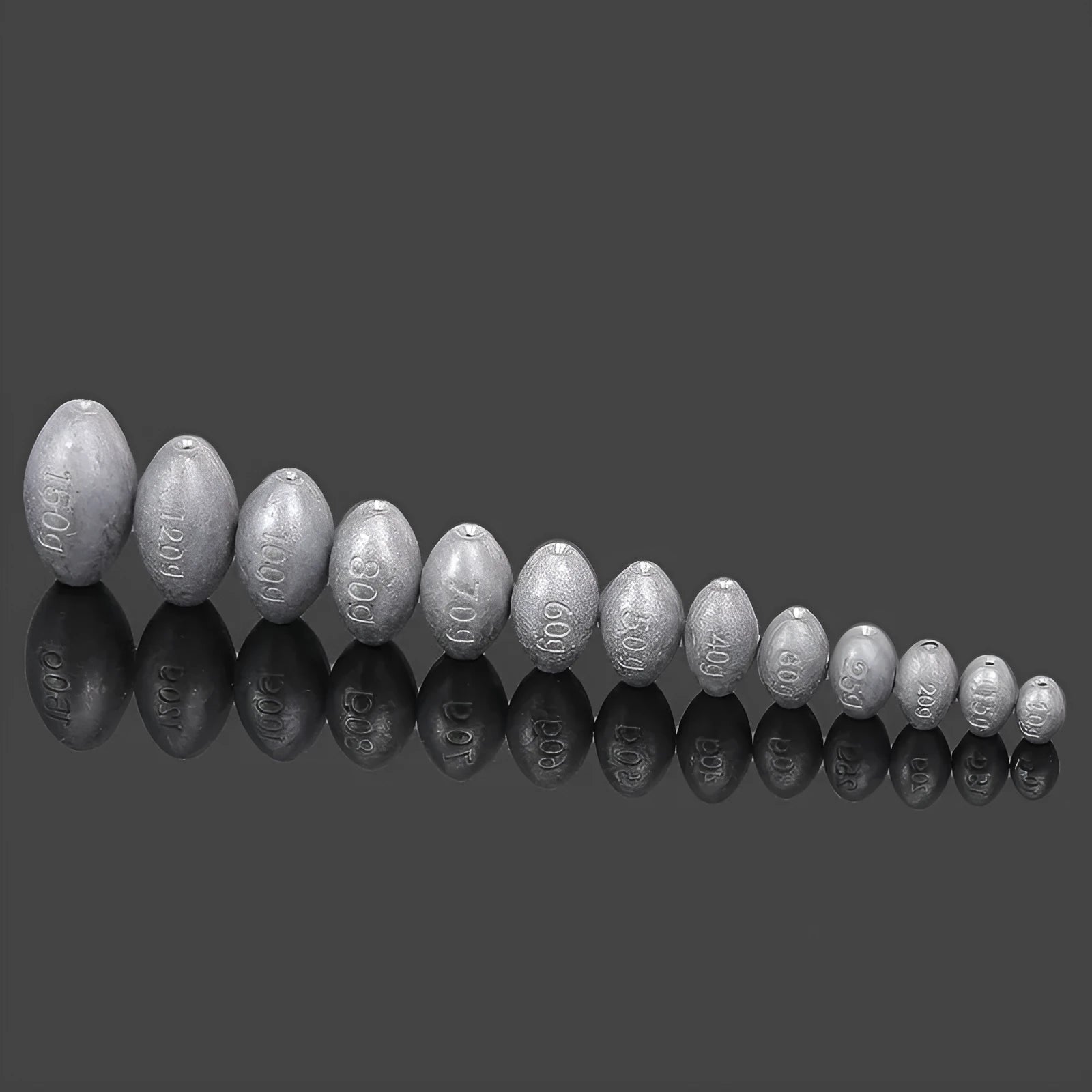 Rugby-shaped olive lead fishing sinker with textured Tongxin scale pattern, shown alongside weight options from 10g to 150g.