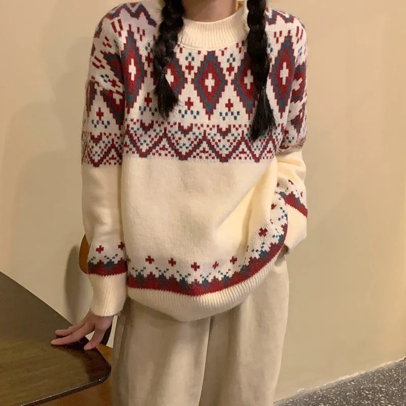 Striped pullover knitted top in loose retro idle style with long sleeves