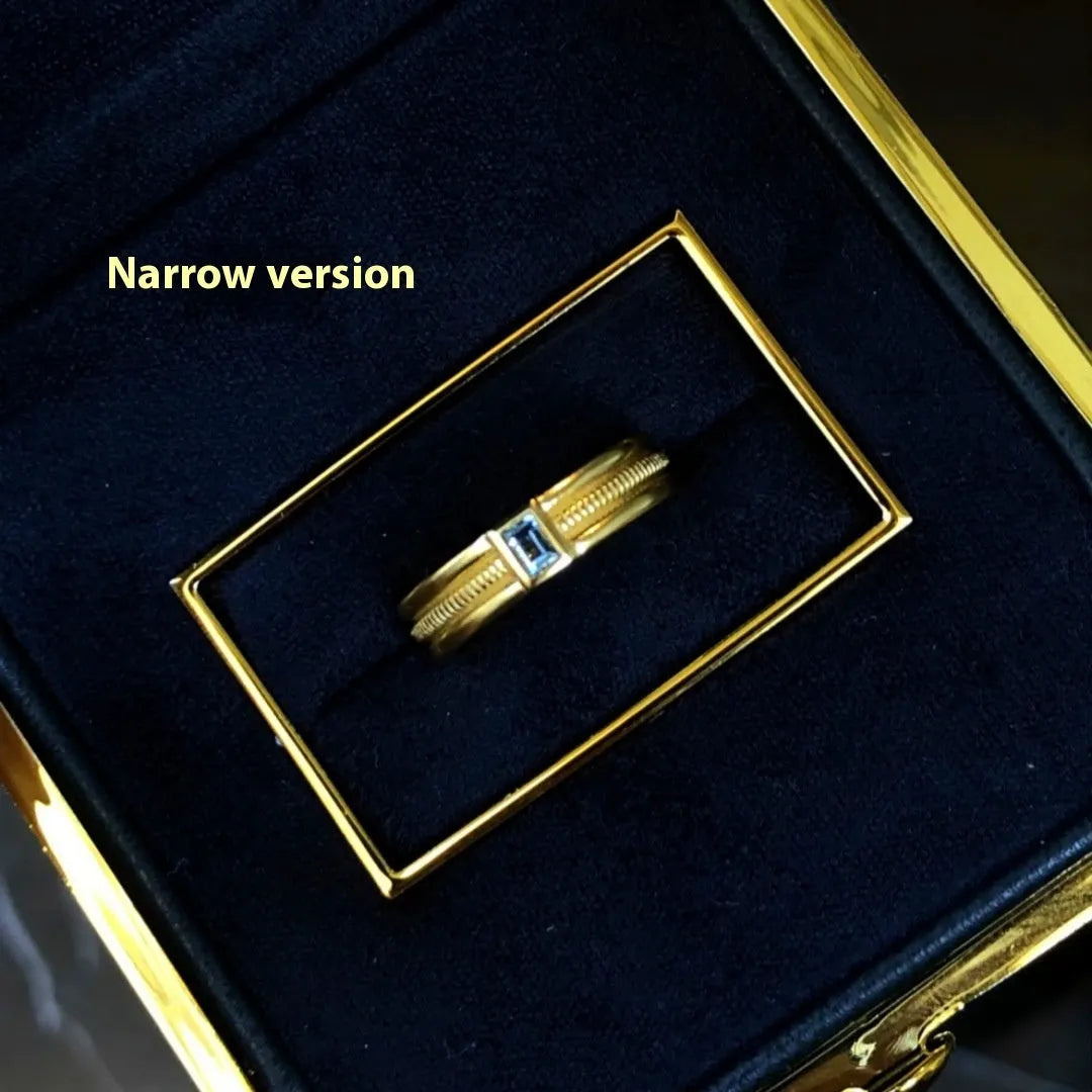 Frosted gold copper ring with square sapphire inlaid gem, narrow or wide version, sizes 6 7 8