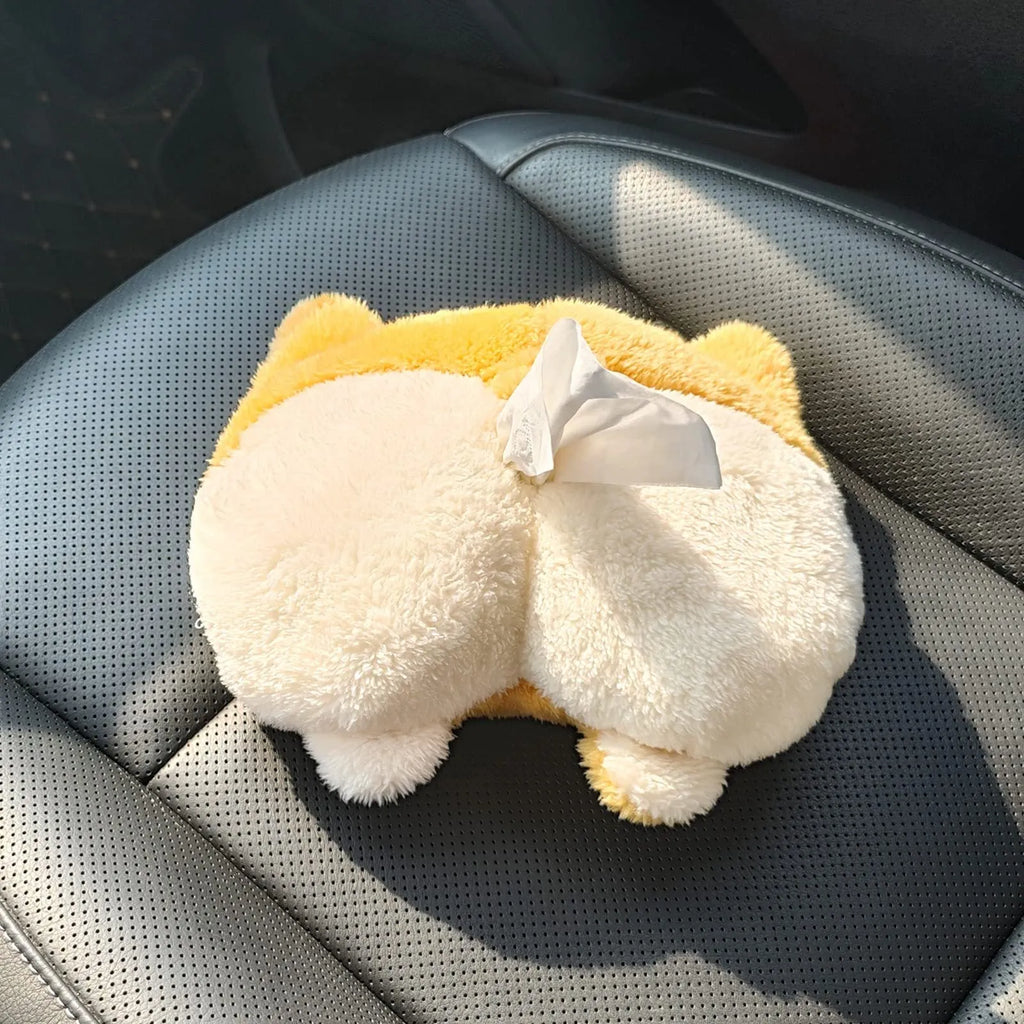 Yellow soft corgi butt shaped tissue box cover with elastic strap for hanging in car.