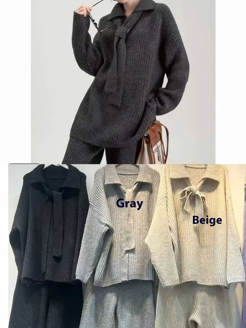 Women's beige imitation cashmere sweater suit two-piece set with knitting top and casual trousers