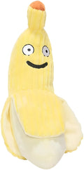 Yellow banana-shaped plush cat toy with crinkle sound, measuring 13 inches long.