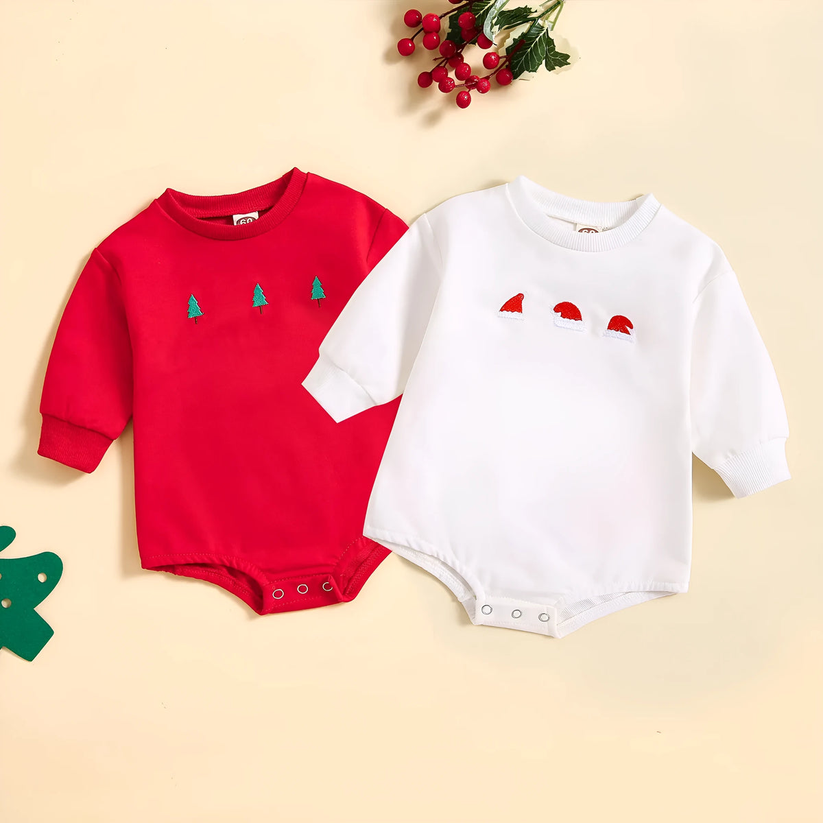 Baby Christmas cotton jumpsuit with printed hat, white or red, triangle style, sizes 60cm to 90cm
