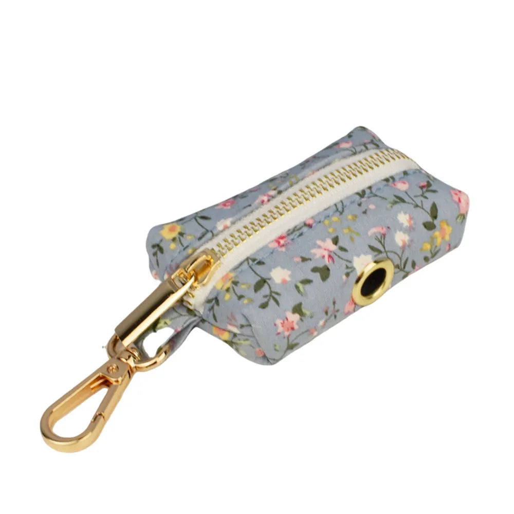 Blue floral polyester cotton dog collar set with matching leash, bow, vest and accessories