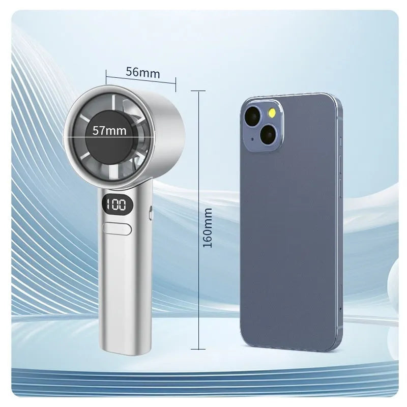 Handheld USB fan with variable speed control showing colour options of white, silver, khaki, and green