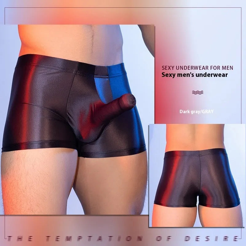 Men's seamless nylon boxer shorts in black, shown with mid-waist and hip-lift design.