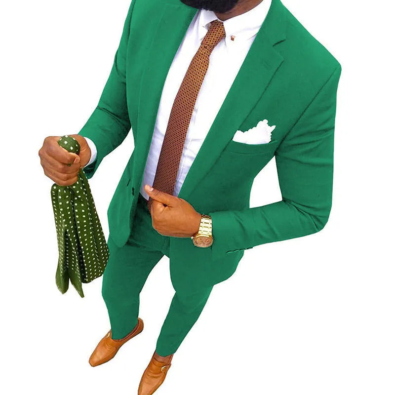 Men's multicolour cotton banquet suit two-piece set showing jacket and trousers available in extended sizes