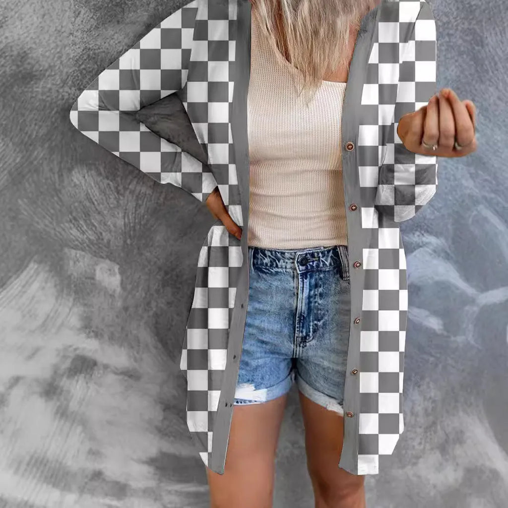 Women's long grey plaid knitted cardigan coat with a loose fit on a hanger.