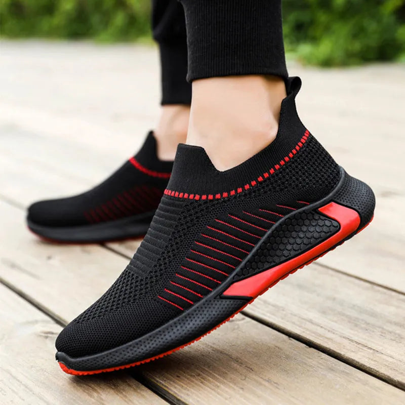 Men's mesh sneakers with striped design, flyknit upper, and plastic sole in various colour options