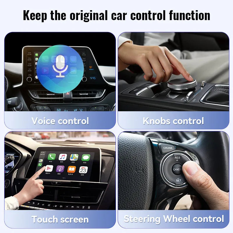 Small black 2-in-1 USB car adapter for wireless CarPlay and data transfer on a dark surface.