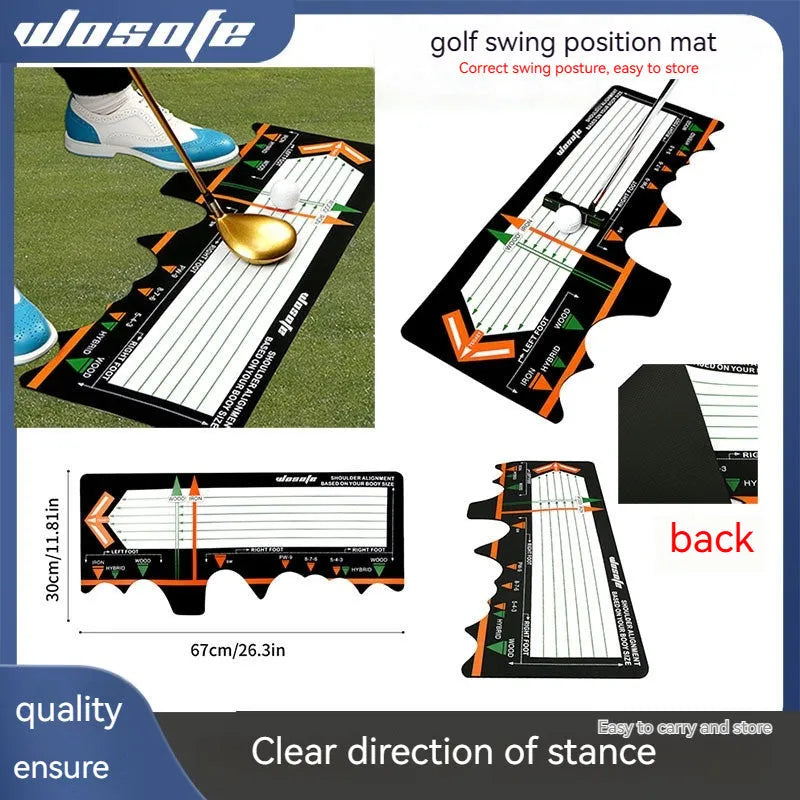 Black neoprene golf swing stance training mat with alignment markings for posture correction