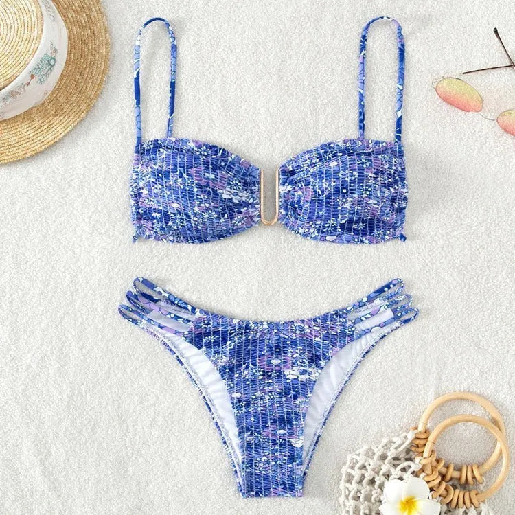 Women's floral bikini swimsuit with high waist style in blue, orange, pink and rose red colours