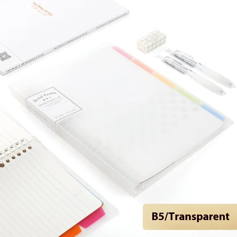 Refillable A5 and B5 spiral notebook with PP cover, shown in pastel cookie blue and plaid impression designs with loose-leaf paper.