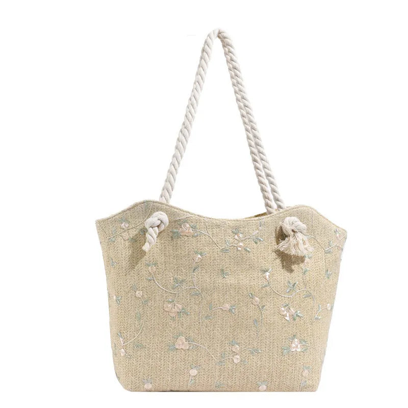 Large straw shoulder bag with woven lace, flap closure, single strap, white or khaki, PU lining