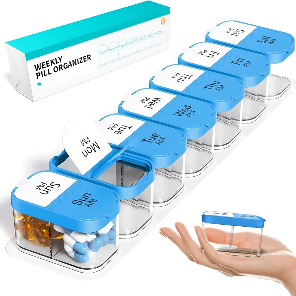 White and rainbow coloured portable pill box with 14 removable grid compartments, shown detached.