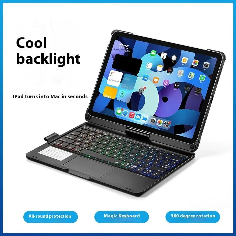 Miaocontrol silver Bluetooth keyboard with rotating stand holding an iPad tablet.
