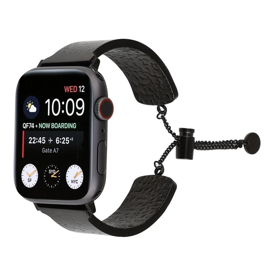 Metal embossed Apple Watch bracelet strap in gold, black, silver, and rose gold for 38/40/41mm and 42/44/45mm cases