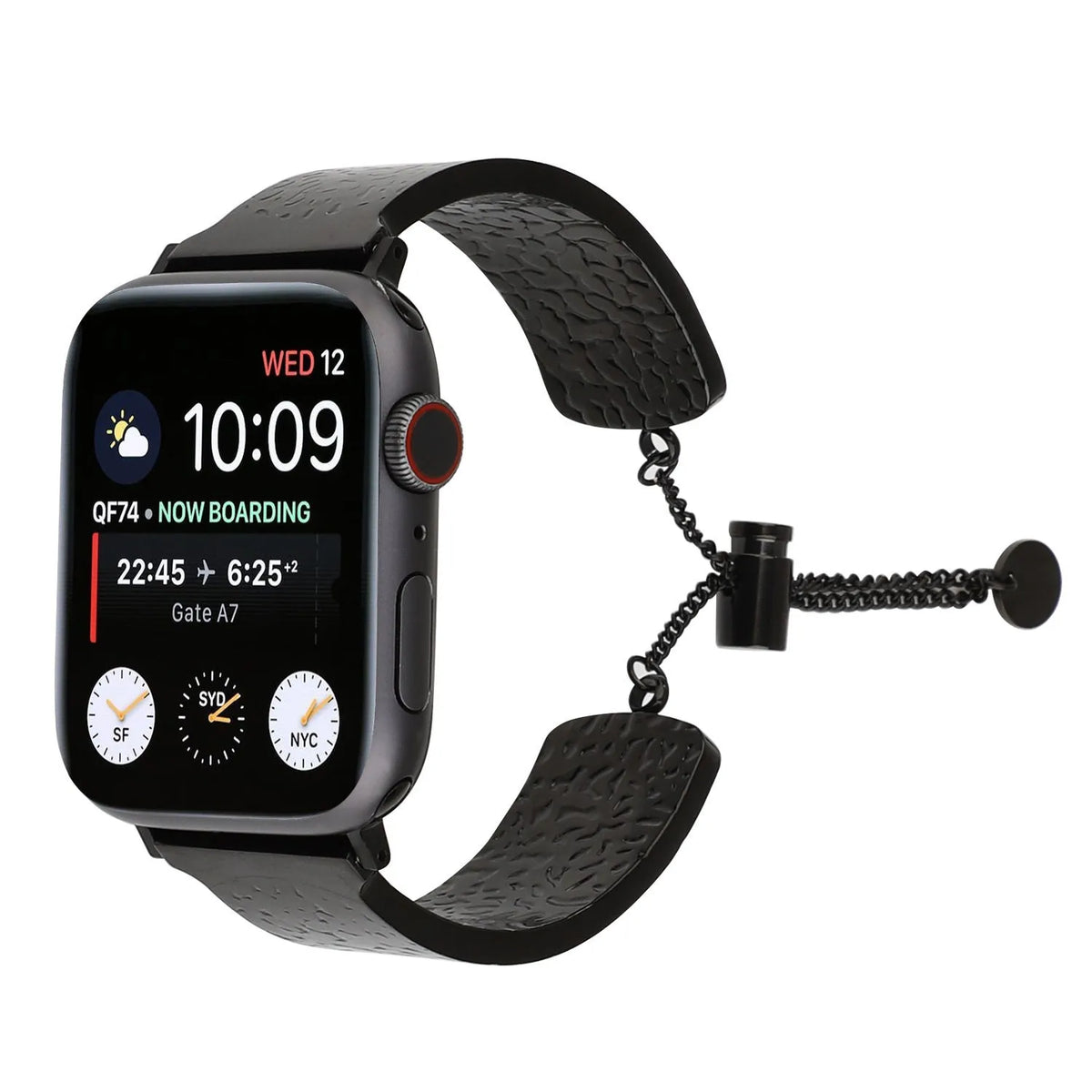 Metal embossed Apple Watch bracelet strap in gold, black, silver, and rose gold for 38/40/41mm and 42/44/45mm cases