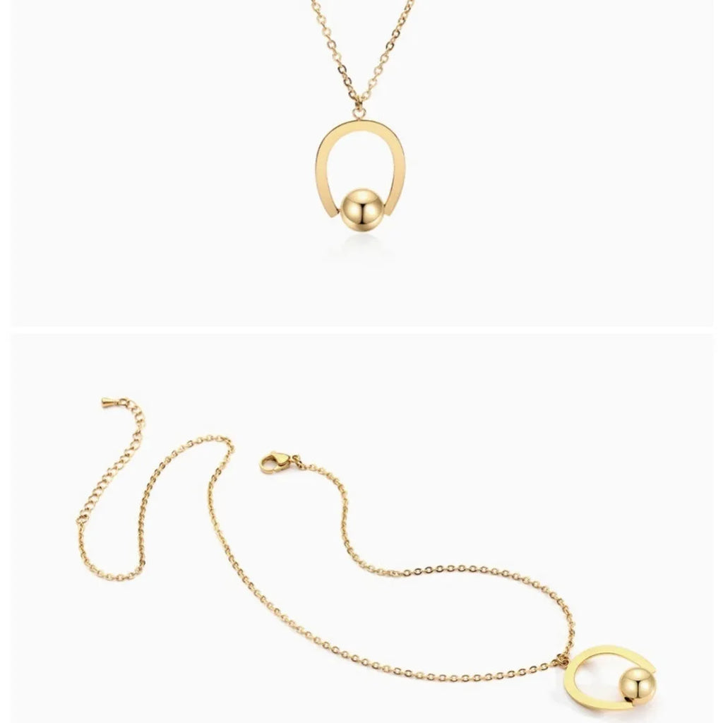 Stainless steel bead chain necklace with geometric pendant in gold or silver finish