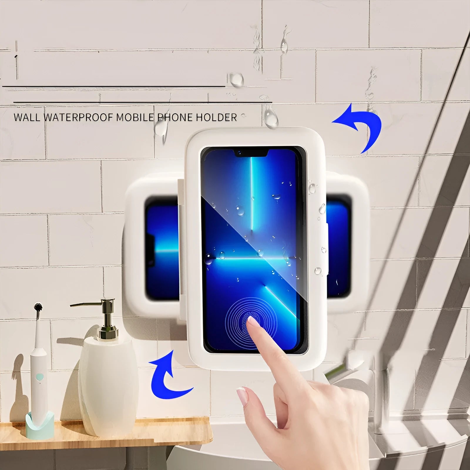 Waterproof bathroom phone case with touch screen mounted on tile, showing anti-fog window and universal phone fit