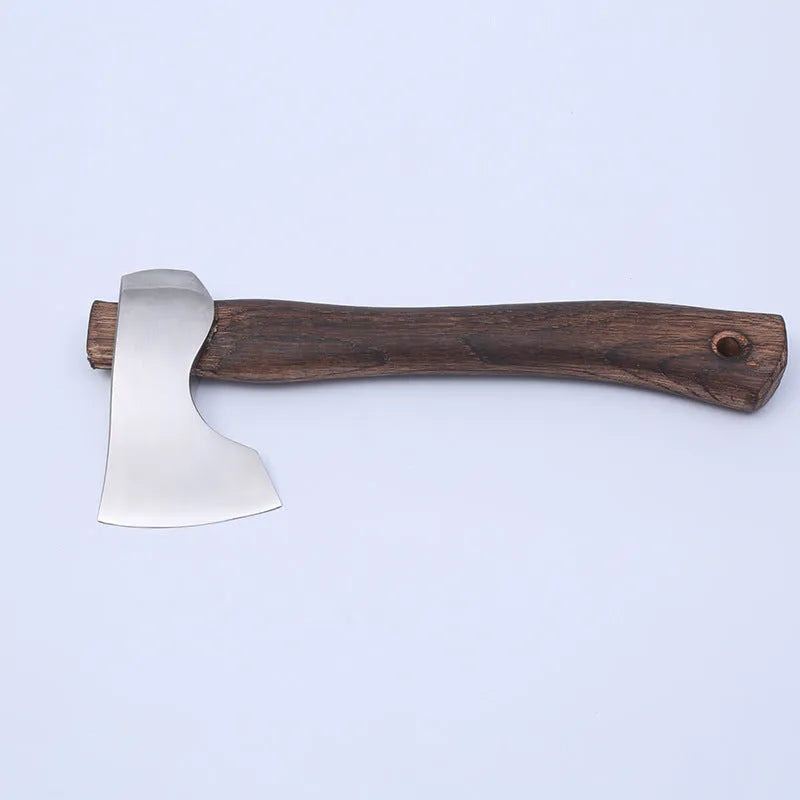 Camping axe with wooden handle and high carbon steel head showing dimensions